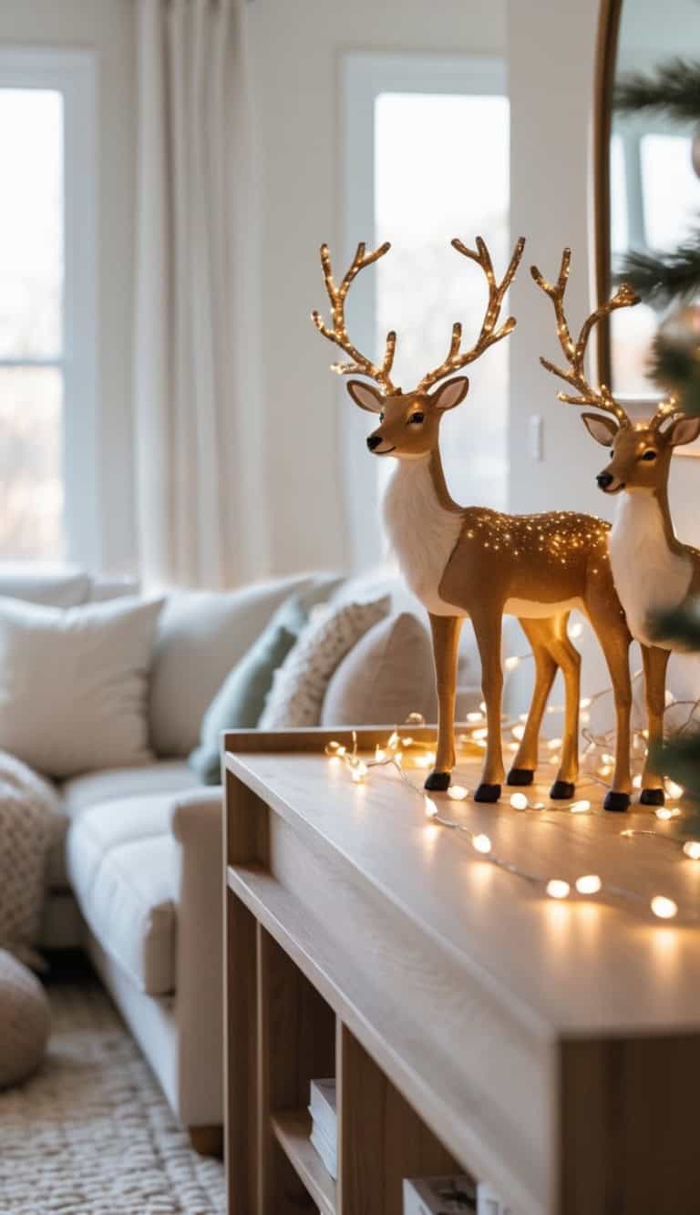 Two decorative reindeer figurines with golden antlers stand on a wooden console table adorned with string lights, in a cozy living room featuring a white sofa and natural light from large windows.