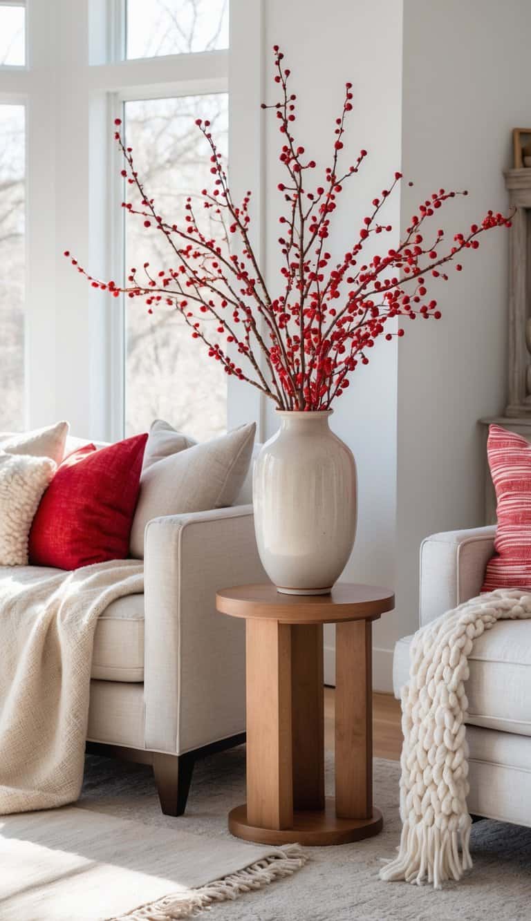 A bright living room with a red berry branch vase on a wooden side table, cozy furniture, and soft natural light creating a warm and inviting scene.