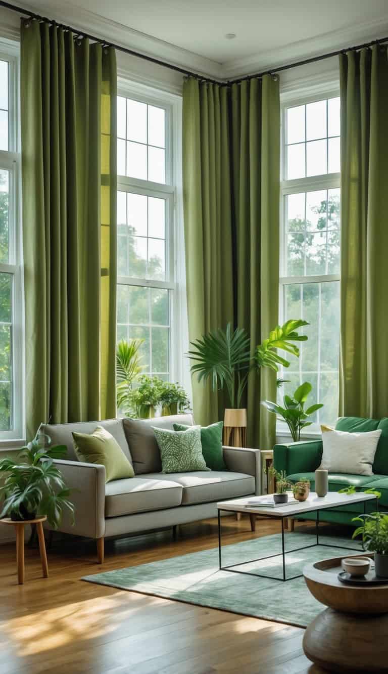 A living room with large windows framed by olive green curtains, natural light, a sofa, indoor plants, and a coffee table.