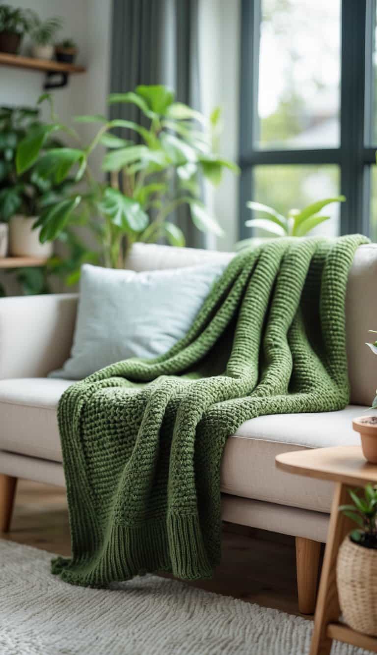 A living room with a moss green knitted throw blanket on a light sofa surrounded by plants and wooden furniture.