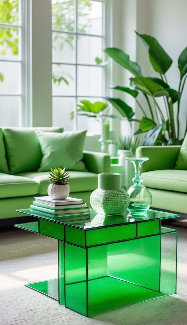 A living room with a green glass coffee table decorated with plants, books, and vases, surrounded by green furniture and natural light.