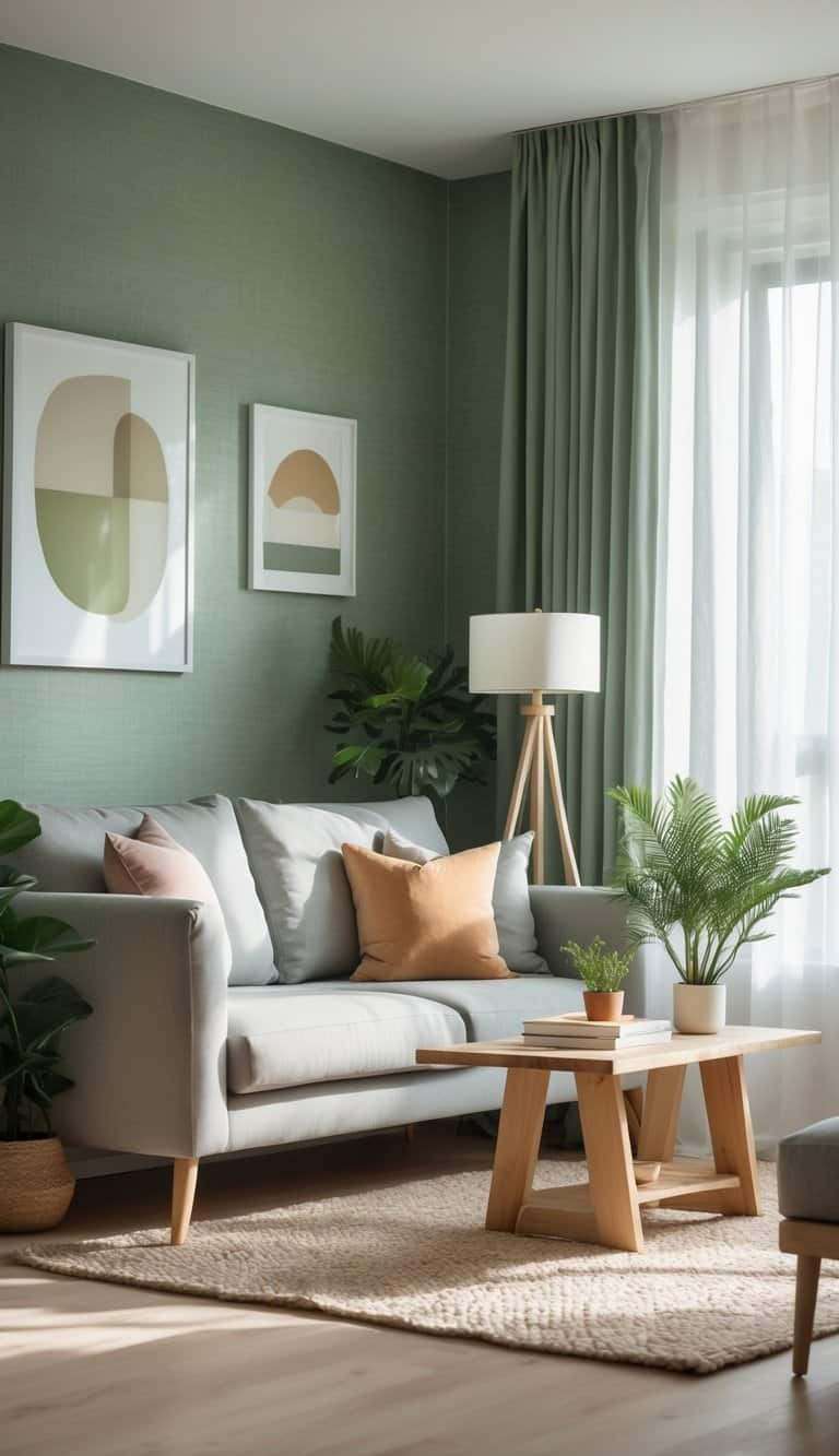 A living room with muted sage green textured wallpaper, a gray sofa, wooden coffee table, indoor plants, and soft natural lighting.