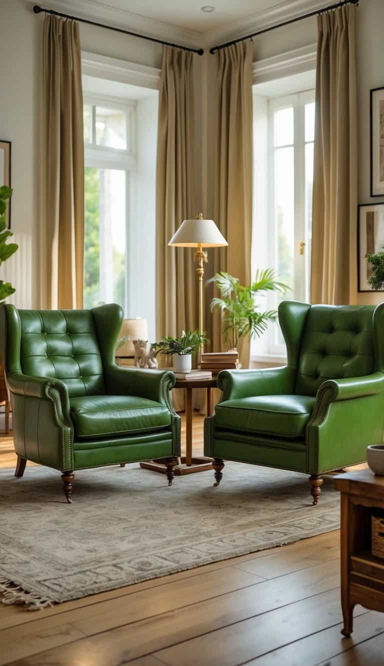 Living room with two green leather armchairs around a wooden coffee table near large windows.