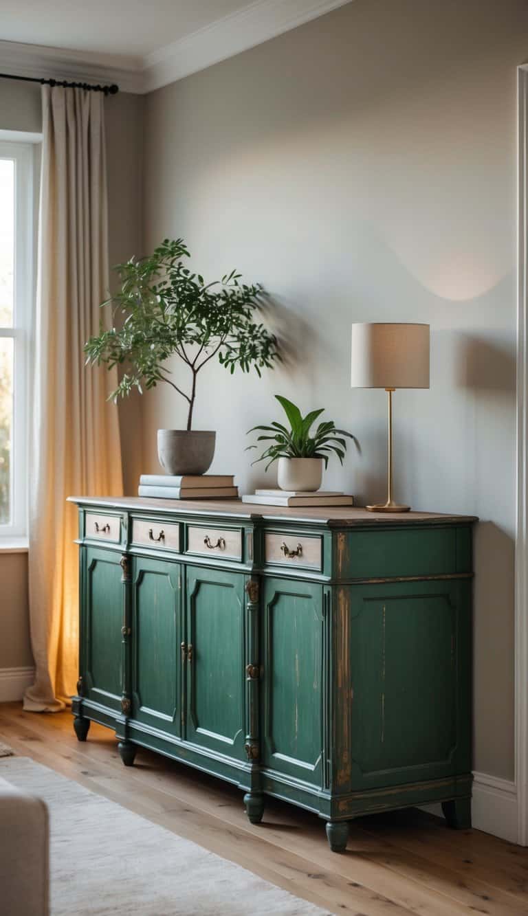 A green painted vintage sideboard in a living room with plants and decorative items on top.