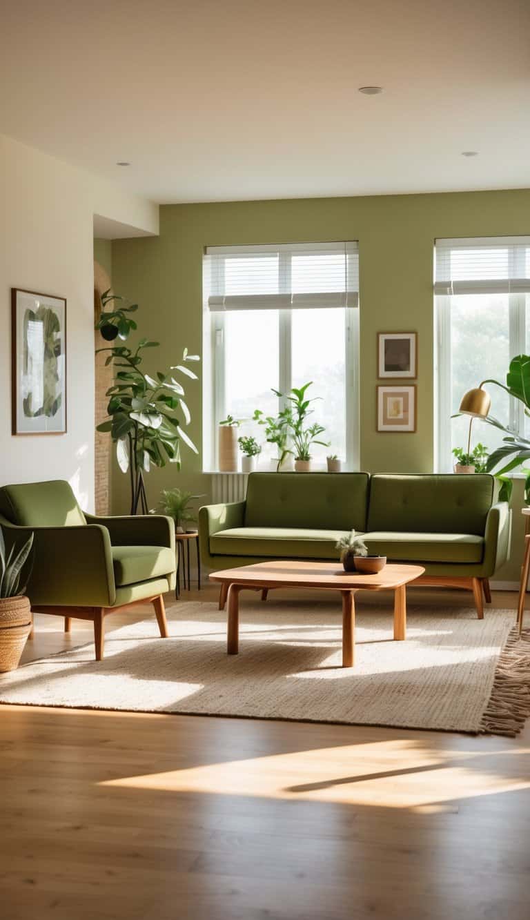 A living room with olive green sofa and armchair, wooden coffee table, indoor plants, and natural light coming through large windows.