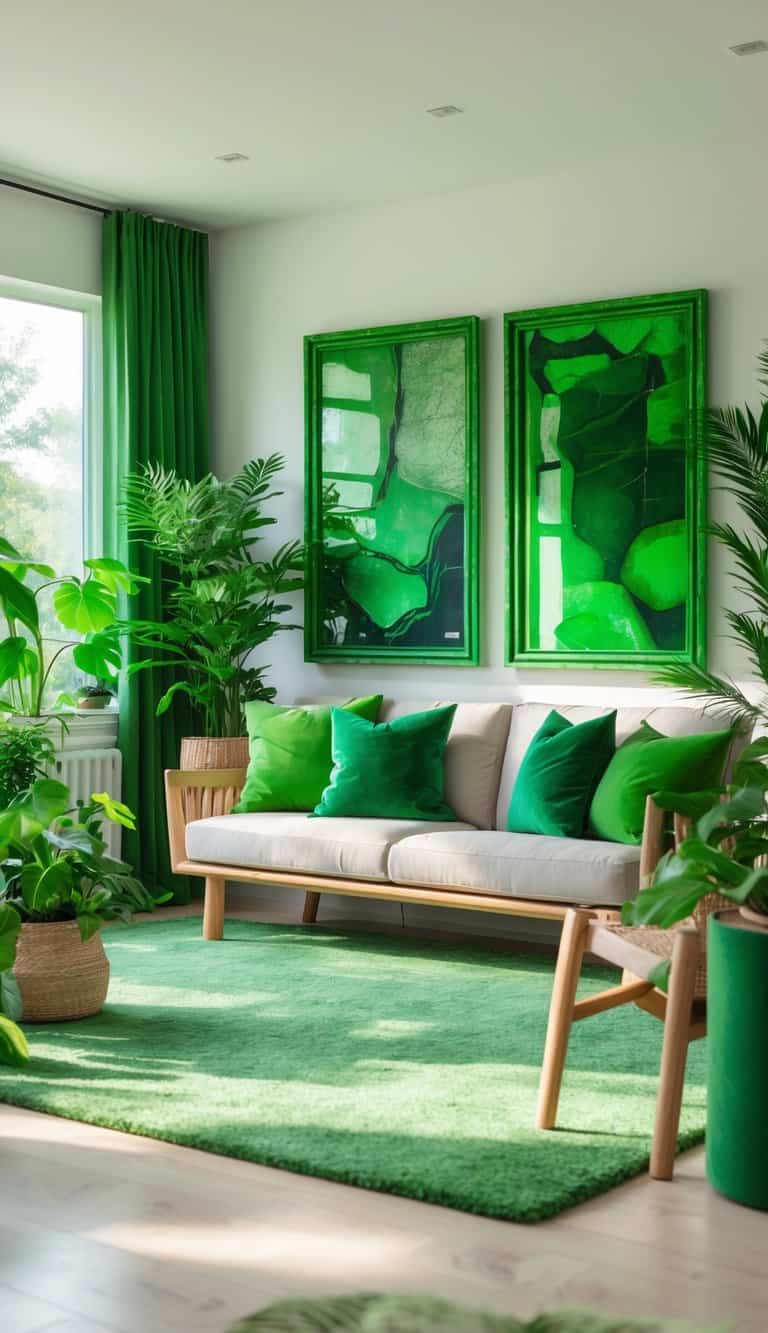 A living room with green stained wood frames on the walls, surrounded by green plants and furniture.