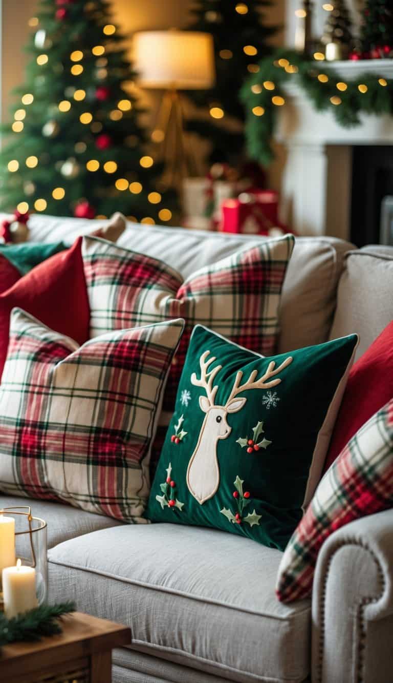 A living room with a sofa decorated with plaid pillows featuring holiday patterns, a Christmas tree, and festive decorations.