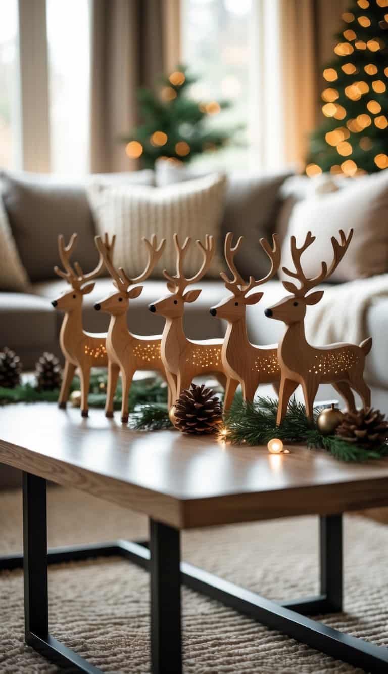 Wooden reindeer figurines displayed on a coffee table in a living room with holiday decorations.