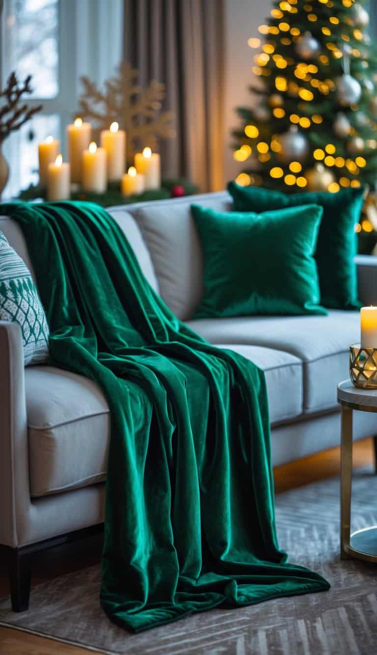 Emerald green velvet throw draped over a living room sofa with holiday decorations and a Christmas tree in the background.