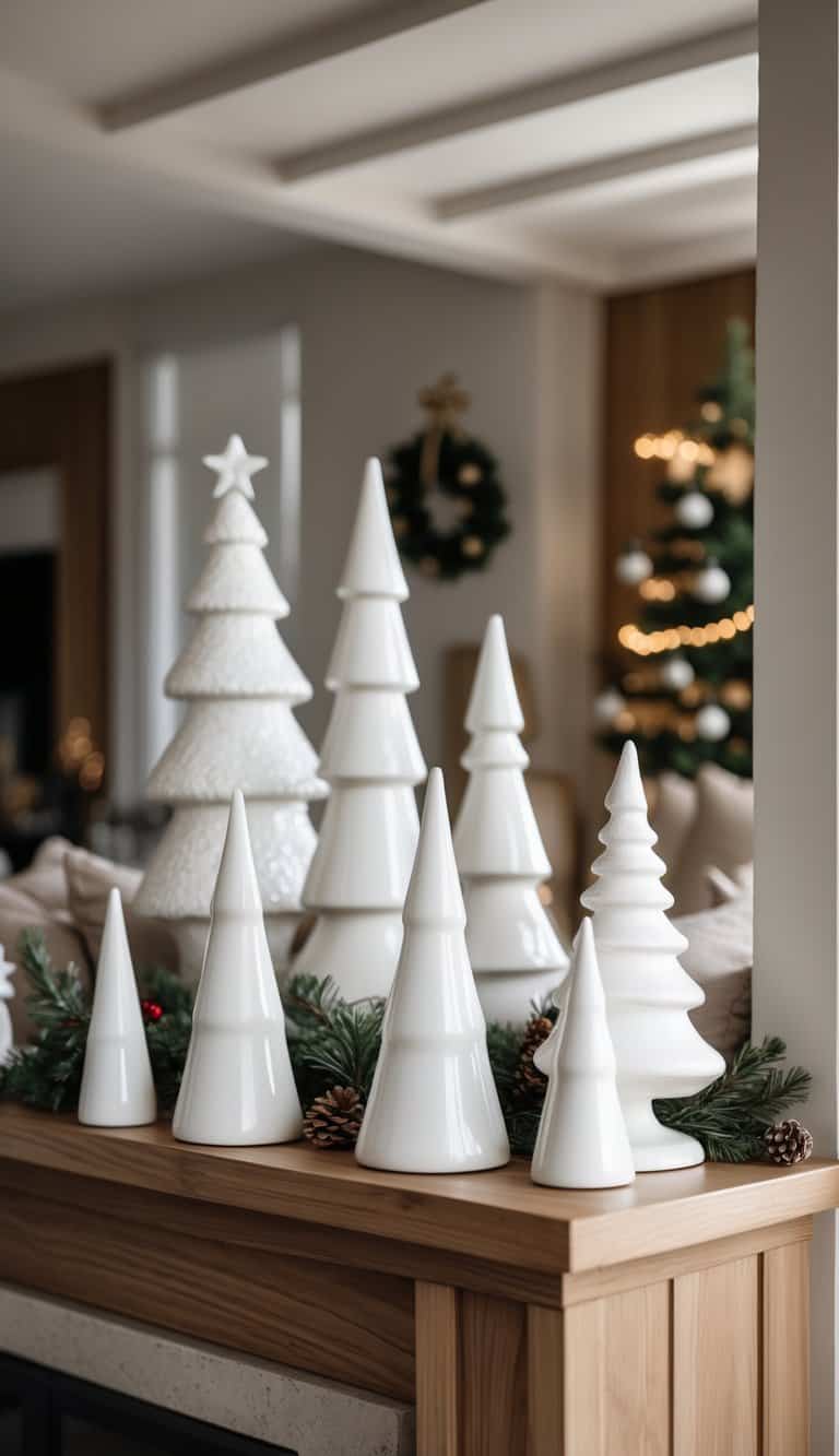 White ceramic Christmas tree figurines displayed on a wooden shelf in a living room with warm holiday decorations in the background.