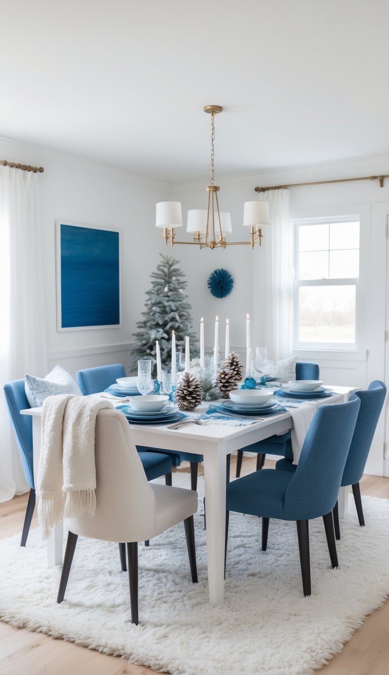 A stylish dining room featuring a white table surrounded by eight blue chairs, with a light fixture above. The table is set with blue plates, glassware, and decorative pine cones, along with white candles. A faux tree decorated with blue ornaments stands in the corner, and a textured white rug covers the wooden floor.