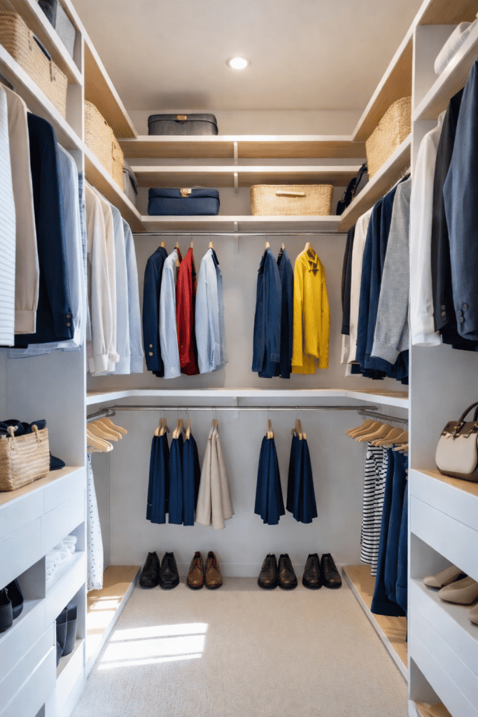 A neatly organized closet featuring various clothing items hung on racks, including blue, red, and yellow shirts and blazers. The shelves hold decorative baskets and several pairs of shoes on the floor beneath. The closet has a light fixture and a soft carpet.
