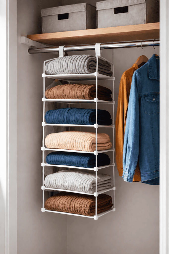 A closet featuring a white rack displaying neatly folded towels in various colors, including gray, orange-brown, beige, and dark blue, alongside a hanging denim jacket and a mustard-colored shirt. Two fabric storage boxes are placed on a wooden shelf above.