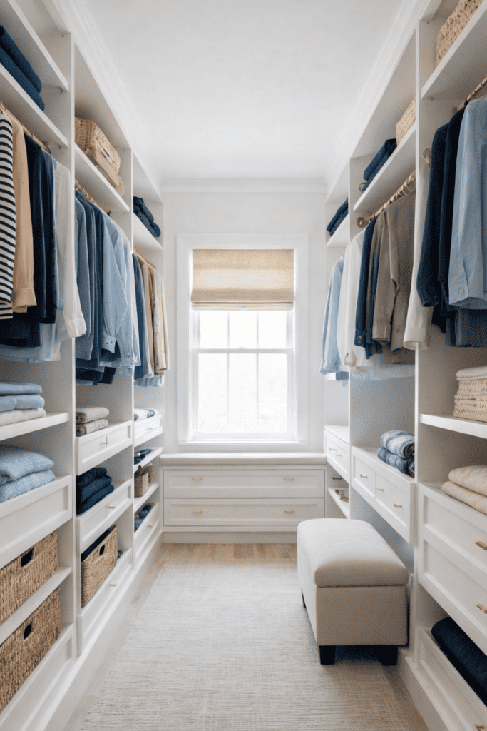 A spacious walk-in closet featuring white shelves filled with neatly arranged folded clothes and hanging shirts in shades of blue, gray, and beige. A large window with a bamboo shade allows natural light, and a light-colored rug covers the floor. A small upholstered bench is placed in the center.