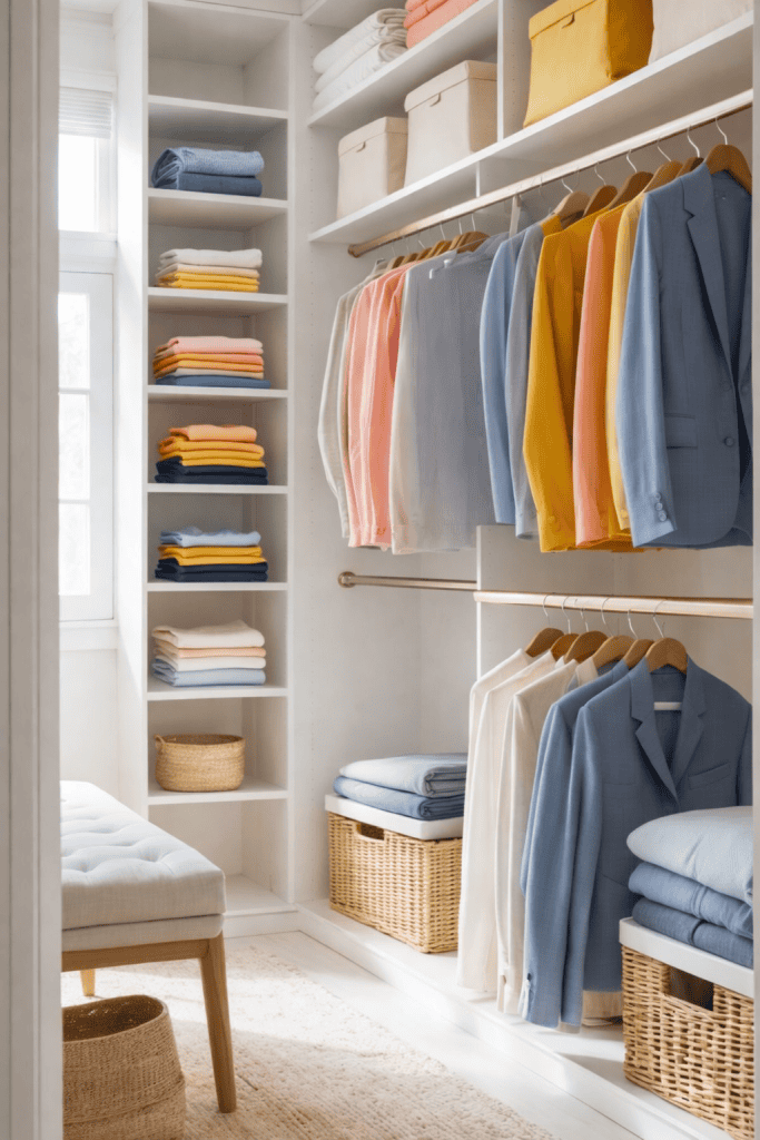 A well-organized closet featuring neatly hung colorful blazers, a variety of folded shirts in stacks, and decorative boxes on shelves, alongside a small bench and woven baskets for storage.