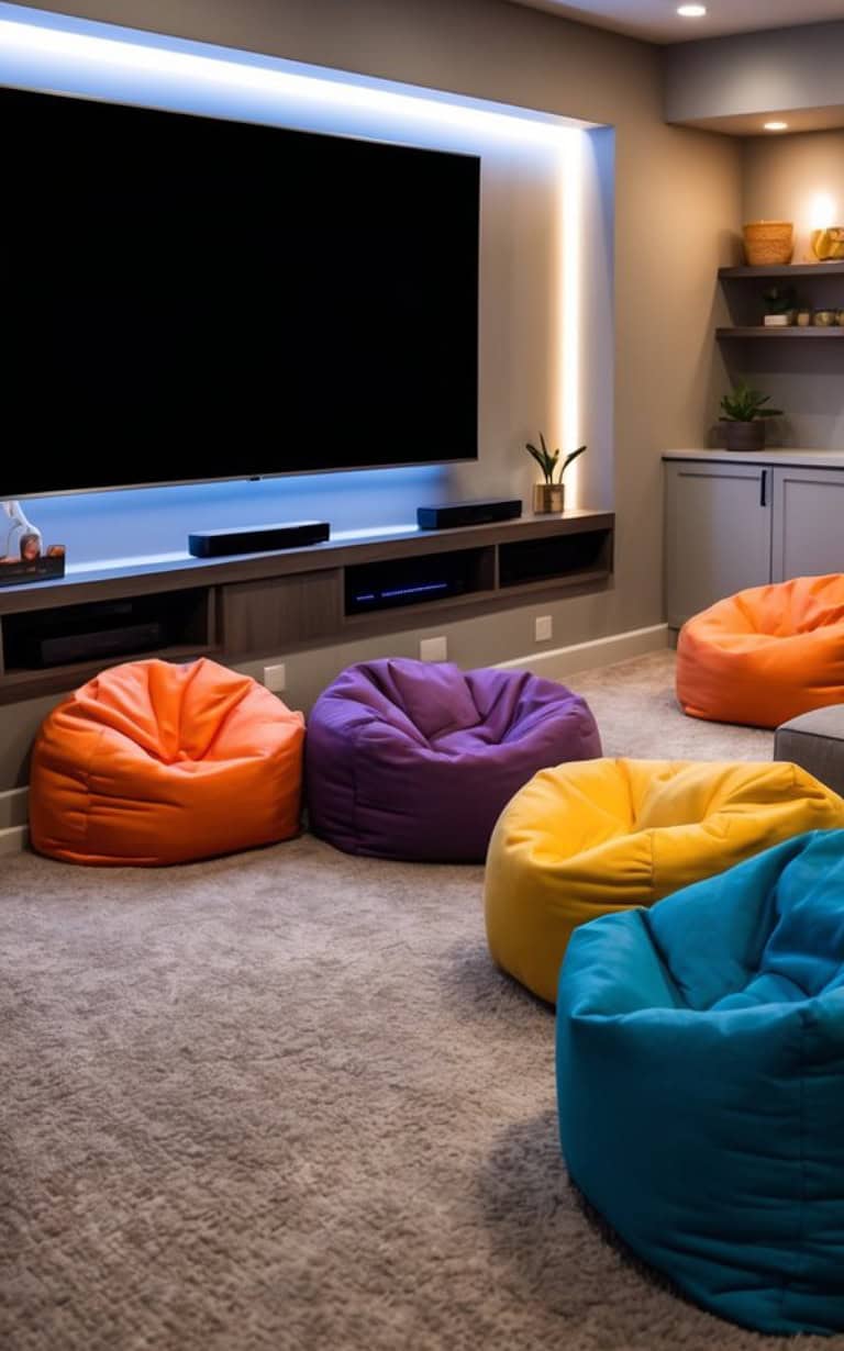 A cozy living room with a large, wall-mounted black TV, surrounded by colorful bean bag chairs in orange, purple, yellow, and blue, set against a light grey carpet and soft wall lighting.