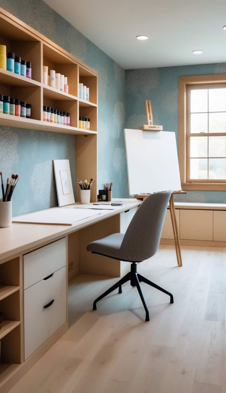 A bright and modern home office featuring a light wooden desk with art supplies, a gray ergonomic chair, and a white easel. Behind the desk, shelves display an array of colorful paint bottles against a soft blue wall with patterned accents, while a large window provides natural light.