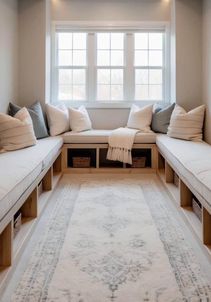A cozy seating area featuring two built-in benches with white cushions and decorative pillows, flanked by large windows that provide natural light. A soft, patterned area rug lies between the benches, and woven baskets are stored underneath the seating.