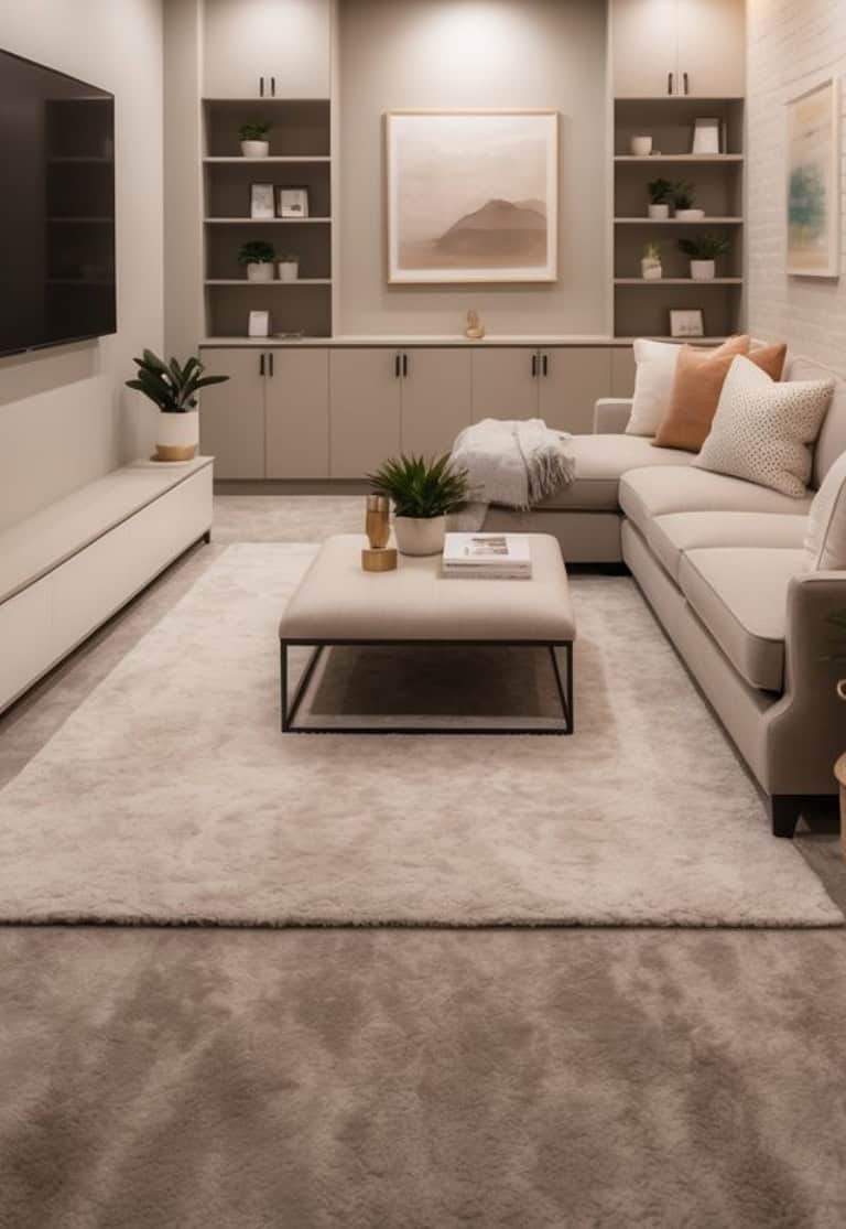 A modern living room featuring a light beige sectional sofa with decorative pillows, a coffee table with a plant and a book on it, and a plush rug beneath. The walls are painted a soft grey with built-in shelves displaying plants and decor items, alongside a large flat-screen TV mounted on the wall.