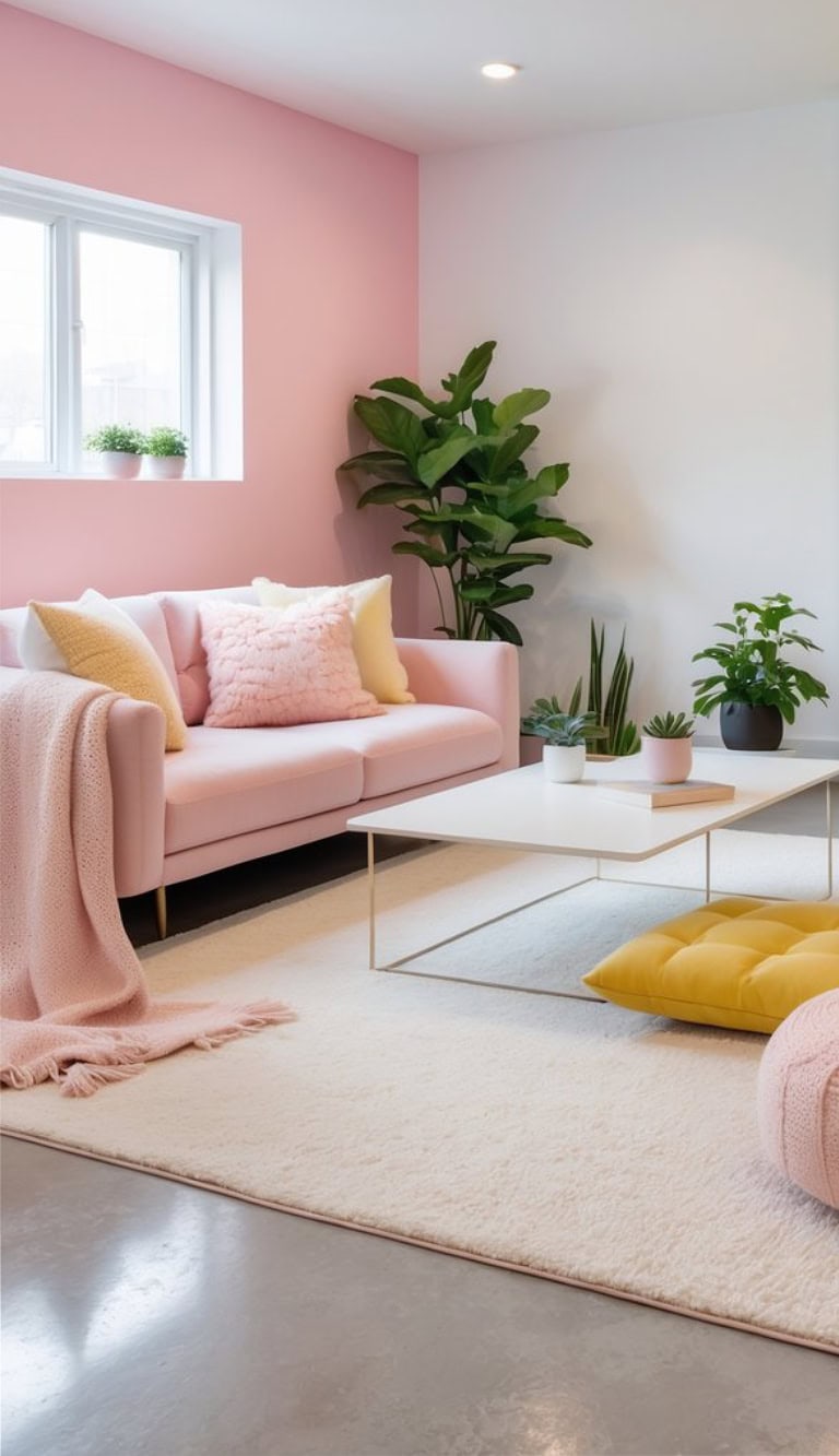 A cozy living room featuring a light pink sofa adorned with fluffy cushions, a white coffee table, and various indoor plants. The walls are painted in pink and white, with a large window allowing natural light in, and a soft rug covering the floor.