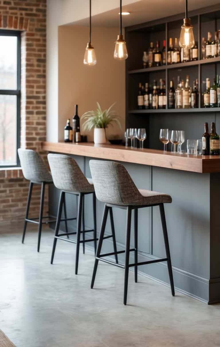 A stylish home bar featuring a wooden countertop with three gray upholstered bar stools, an assortment of bottles on shelves behind, and warm pendant lighting above, set against a backdrop of exposed brick walls and large windows.