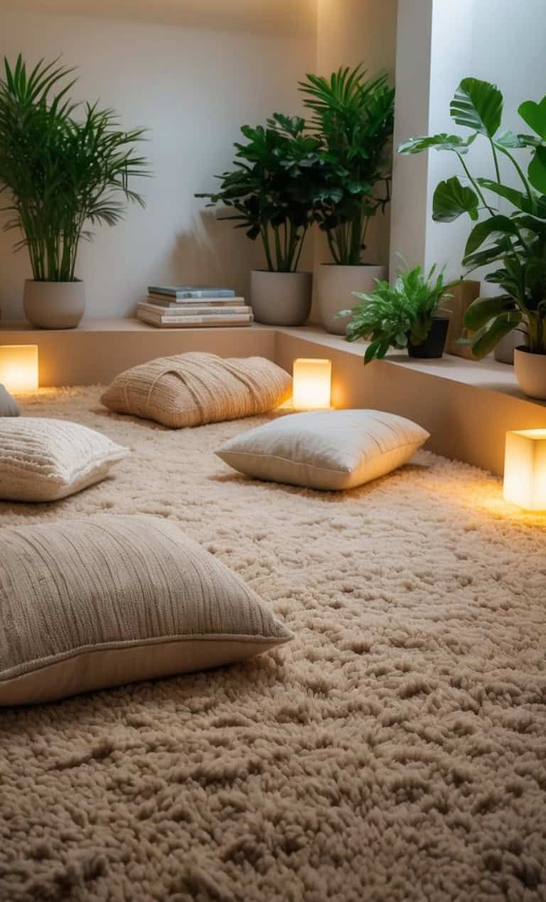 Cozy indoor space featuring a plush beige rug, several soft pillows scattered around, and potted green plants in the background, illuminated by warm, soft lights.