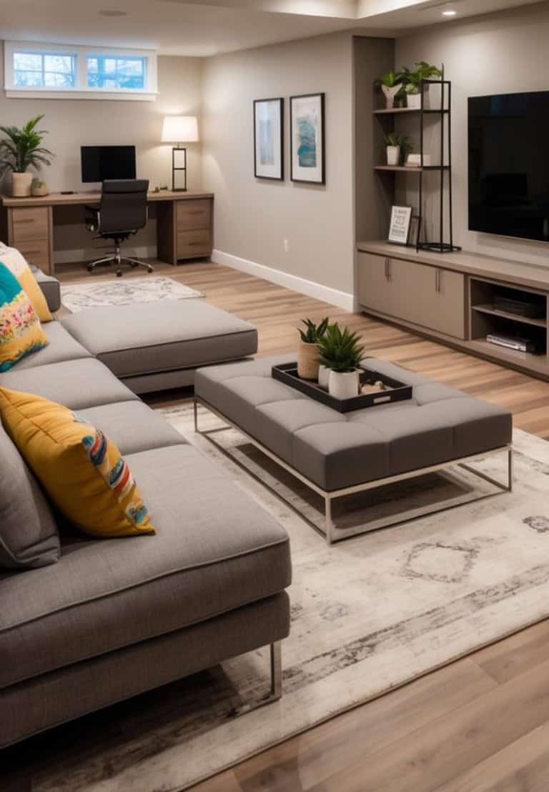 A cozy basement living area featuring a gray sectional sofa with colorful throw pillows, a rectangular coffee table with plants, a modern desk with a black chair, and decorative art on the walls, illuminated by natural light from a nearby window.