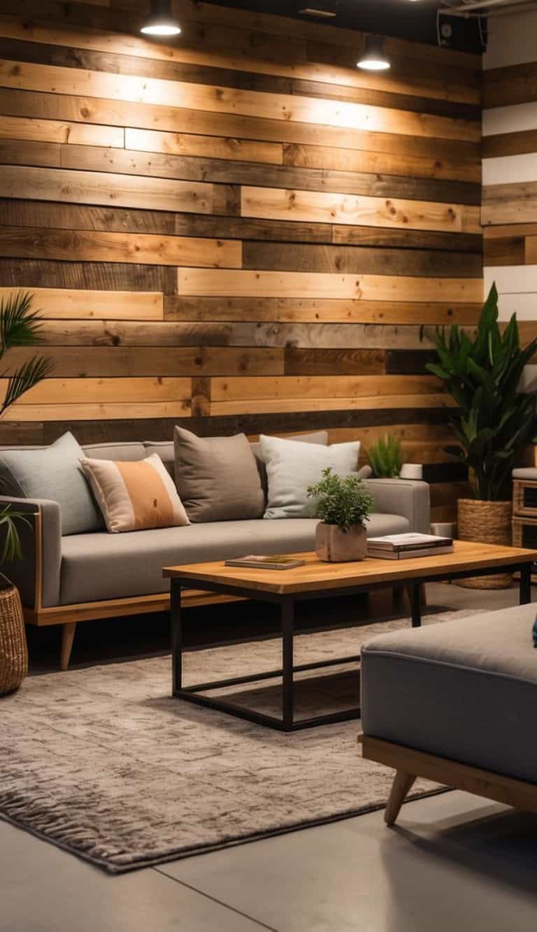 A cozy living room featuring a gray sofa with multiple cushions, a wooden coffee table, a light rug on the floor, and wooden walls with various shades of planks. There are plants in the corners and soft lighting from ceiling fixtures.