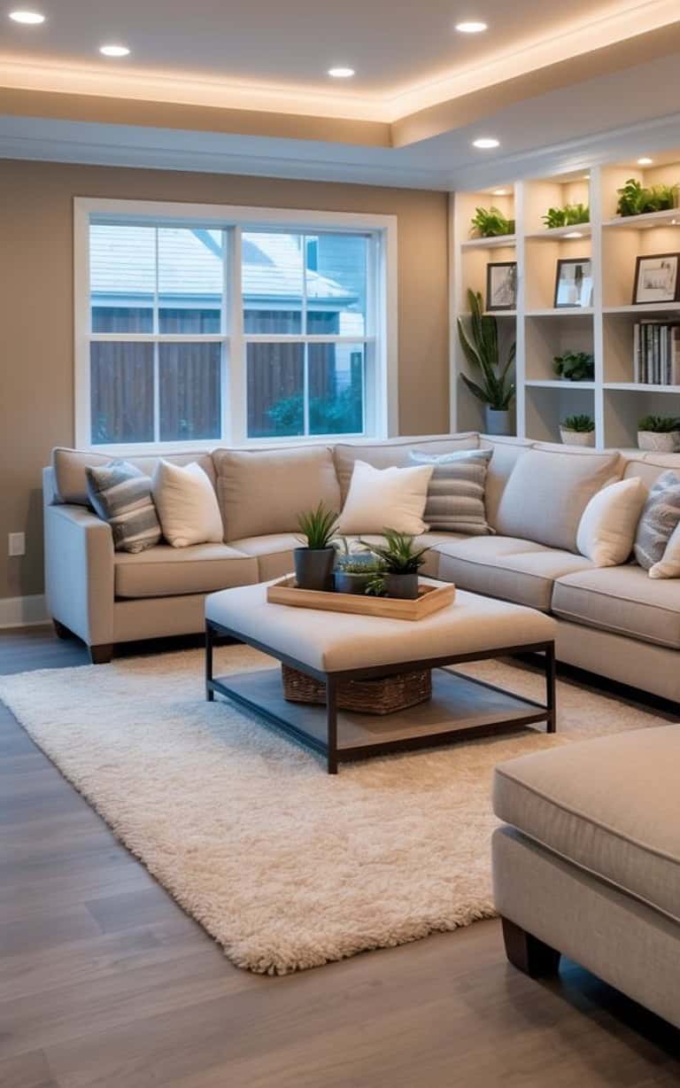 A cozy living room featuring a light beige sectional sofa with decorative pillows, a stylish coffee table with plants, and a plush white rug, all illuminated by recessed lighting and a large window with outdoor views.