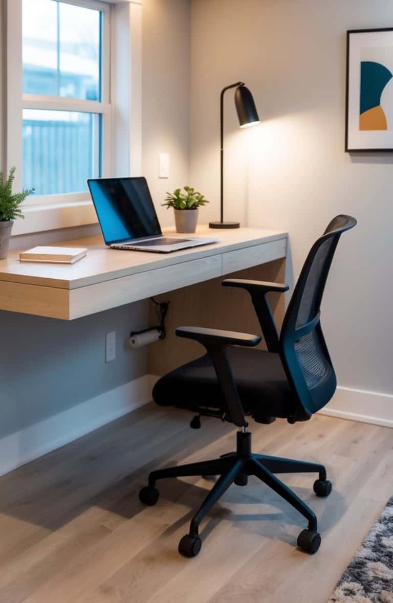 A modern home office setup featuring a wooden desk with a laptop, a notebook, and two small potted plants. A black office chair sits in front of the desk, and a stylish lamp provides lighting. The room has light-colored walls and wood flooring.