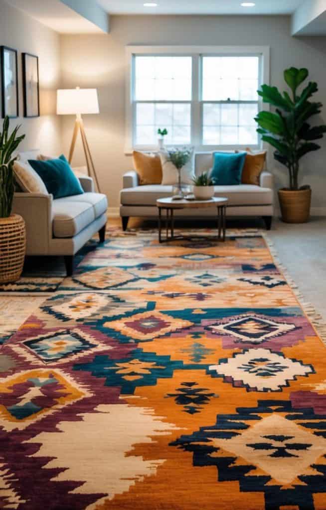 A cozy living room featuring a colorful geometric area rug in oranges, blues, and purples, with a light gray sofa adorned with colorful cushions, a small round coffee table, and a large window providing natural light. Green plants are placed in the background.