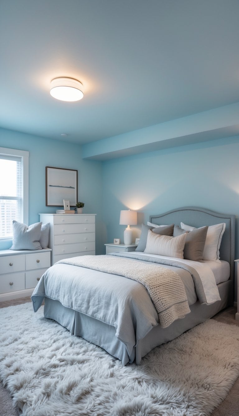 A serene bedroom featuring light blue walls, a queen-sized bed with layered bedding in light gray and white, and decorative pillows. A fluffy white area rug covers the floor. A white dresser with drawers is positioned nearby, and a small bedside table holds a lamp. A window with sheer curtains lets in soft light.