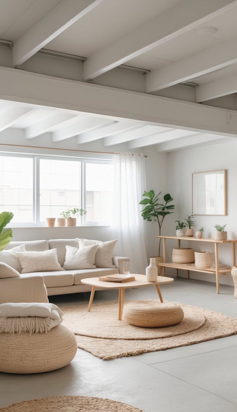 A bright and airy living room featuring a light-colored sofa adorned with pillows, a round coffee table, and a variety of potted plants. Natural light fills the space through large windows, complemented by white curtains and wooden shelving with decorative baskets.