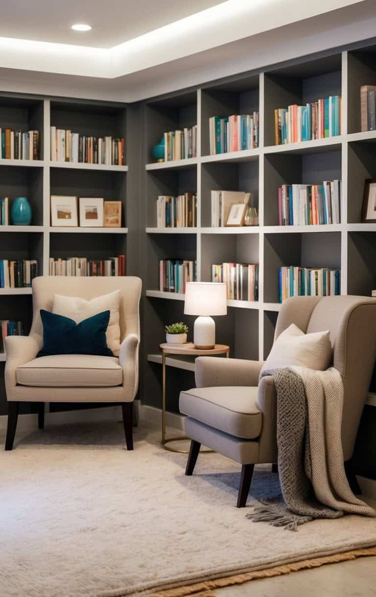 A cozy reading nook featuring two beige armchairs with dark wooden legs, a small round side table with a lamp and a plant, and a large bookshelf filled with books and decorative items in the background, on a soft area rug.