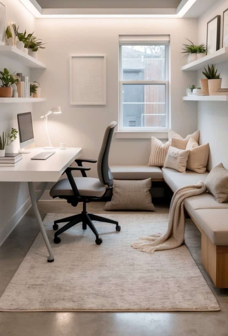 A well-organized home office featuring a modern white desk with a computer and plant, a swivel chair, shelves displaying potted plants and books, and a cozy seating area with cushions and a throw blanket, all illuminated by soft overhead lighting.