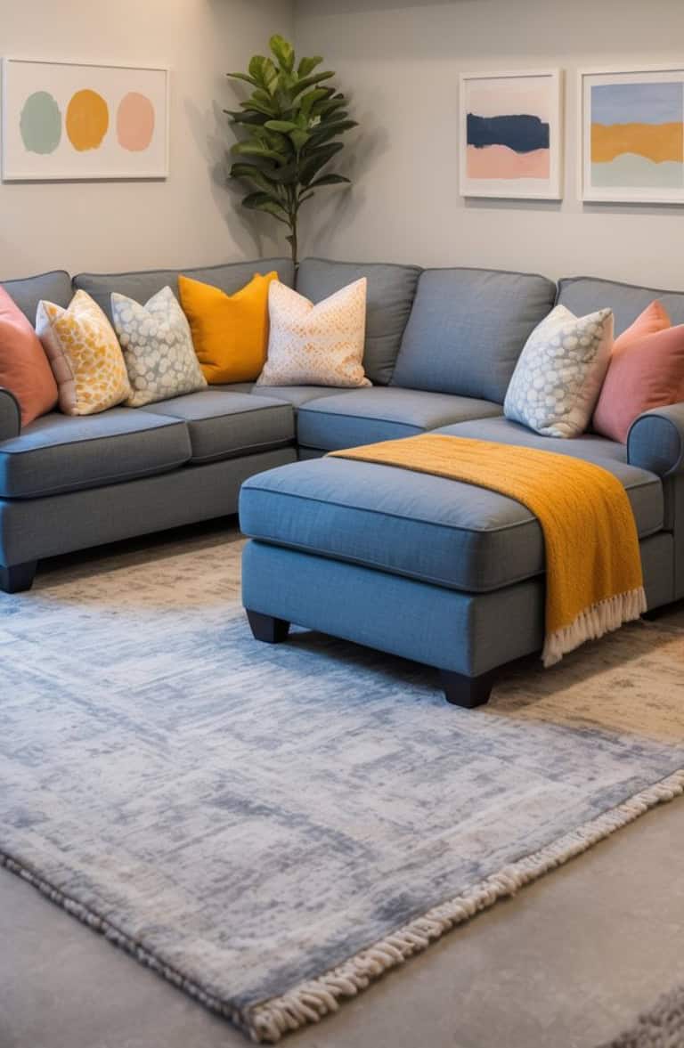 A cozy living room featuring a blue sectional couch adorned with multiple decorative pillows in pastel colors, and a yellow throw blanket draped on one side; in the background, there are framed artworks on the wall and a green leafy plant nearby, all set on a light-toned area rug.