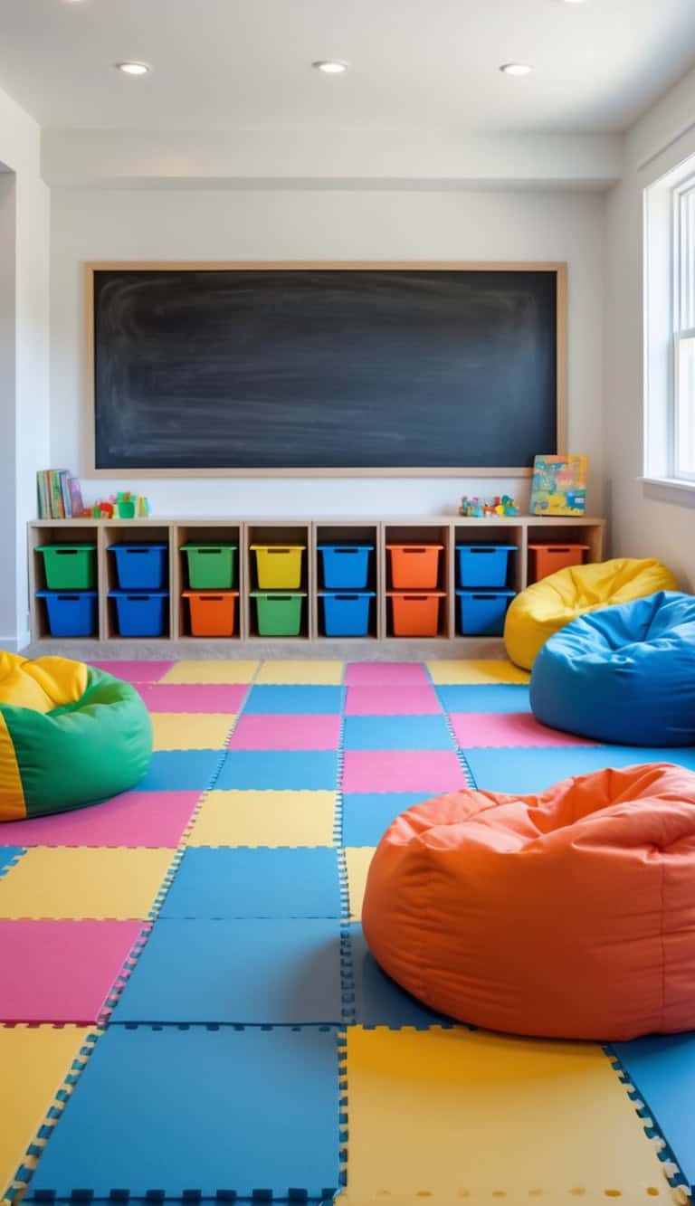 A bright and colorful learning space featuring bean bag chairs in green, blue, and orange, a multicolored foam tile floor with yellow, pink, and blue tiles, and a large chalkboard on the wall. Below the chalkboard, there are wooden shelves filled with bright storage bins in blue, yellow, green, and orange, along with a few books and small toys visible.