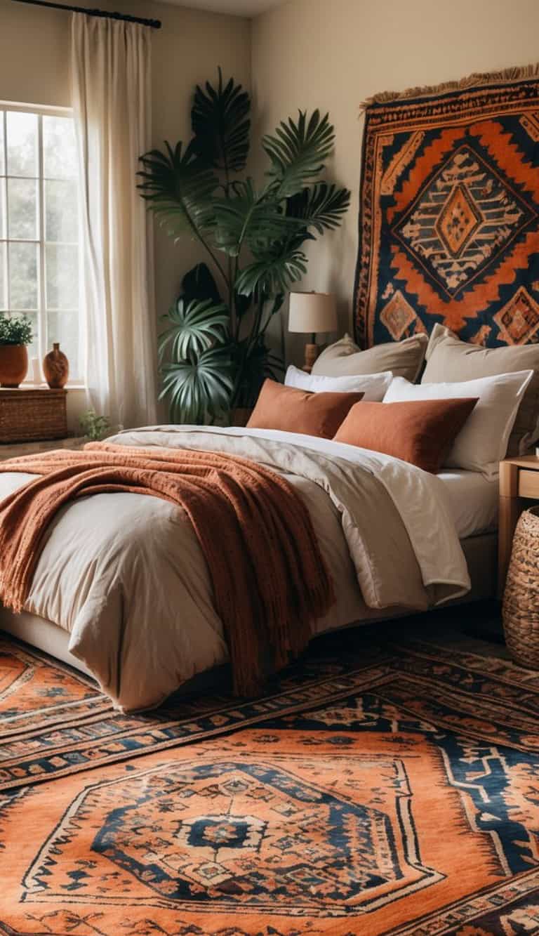 A cozy bedroom with a large bed dressed in neutral linens and an orange throw blanket, accented by decorative pillows. A vibrant patterned rug dominates the floor, and a potted plant sits near a window, alongside a beige lamp and woven storage basket.