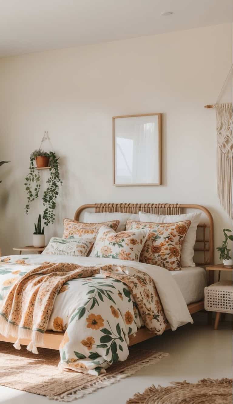 A cozy bedroom featuring a bed with floral-patterned bedding in warm tones of orange and green, accented by multiple decorative pillows. A wooden bed frame complements the soft decor, while plants are displayed in hanging and table pots. A macrame wall hanging and a simple framed picture add to the aesthetic, with a neutral wall color and natural fibers visible on the floor.