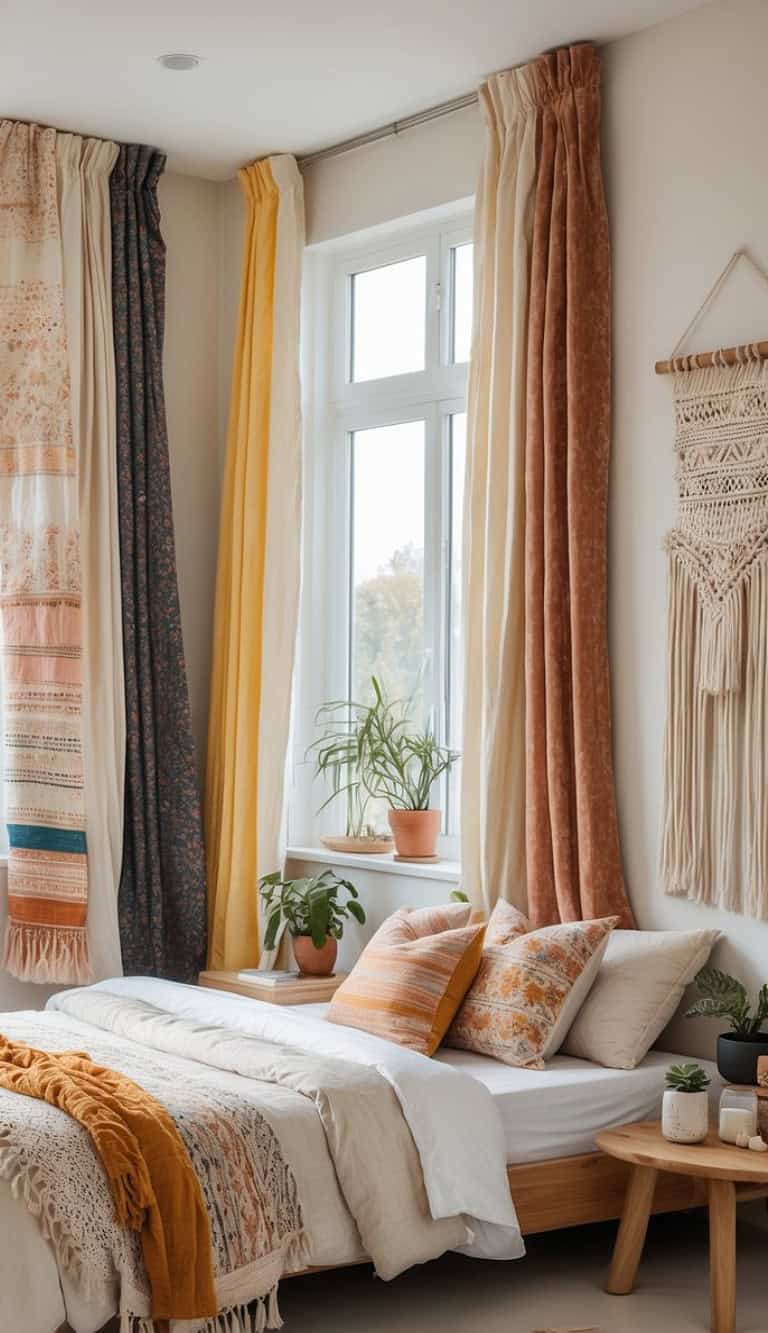 A cozy bedroom featuring a bed with layered white and beige bedding, adorned with orange and floral patterned pillows. Natural light streams in through large windows, draped with colorful curtains in shades of yellow, white, and patterned fabrics. A potted plant sits on the windowsill and a macrame wall hanging decorates the wall.