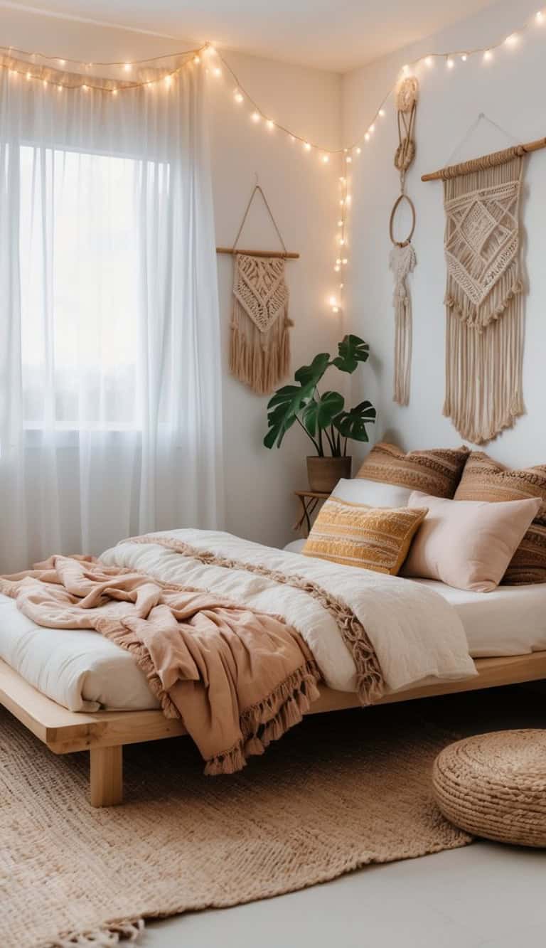 A cozy bedroom featuring a wooden bed with a white and pink bedding set, adorned with decorative pillows. String lights hang above sheer white curtains, and macrame wall hangings are displayed. A large leafy plant stands in the corner near a small wooden side table, complemented by a textured woven rug and a round, woven pouf on the floor.