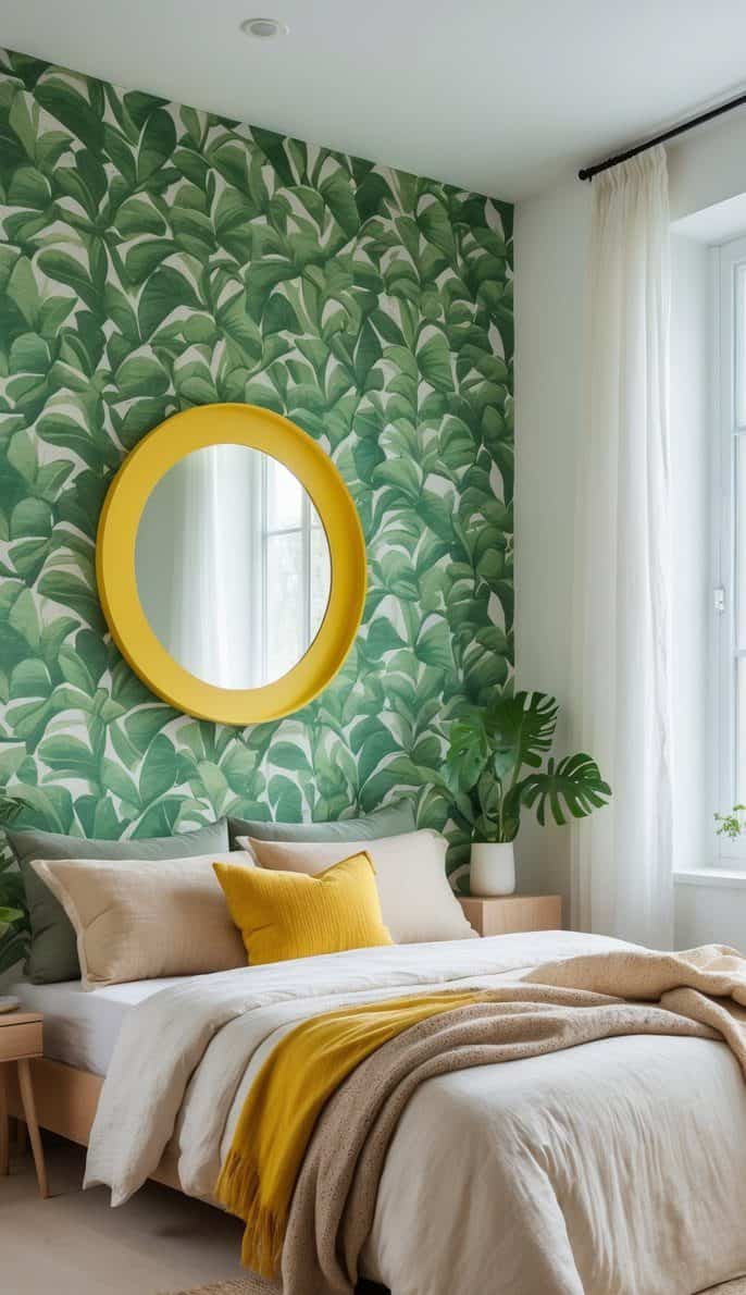 A cozy bedroom featuring a large green leaf-patterned wallpaper, a round yellow mirror above the bed, and neutral-colored bedding with a yellow accent pillow, complemented by indoor plants and sheer white curtains.