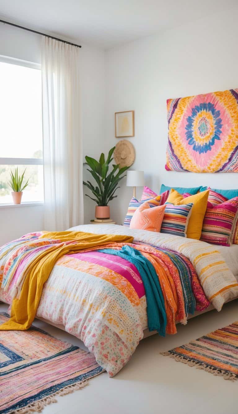 A colorful bedroom featuring a bed adorned with vibrant, patterned blankets and an array of decorative pillows in pink, orange, and blue hues. A potted plant sits by the window, and there are multi-colored area rugs on the floor, adding to the cheerful atmosphere. A large, circular patterned wall hanging is above the bed.