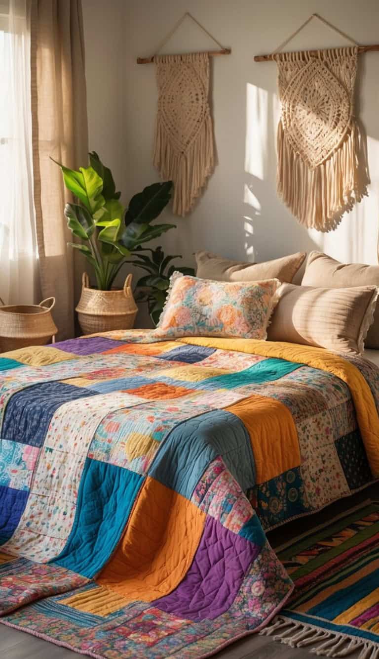 A cozy bedroom with a colorful patchwork quilt spread over a bed adorned with pillows. The room features two macrame wall hangings, large windows with light beige curtains letting in sunlight, and green plants nearby. A woven rug with vibrant colors lies on the floor.