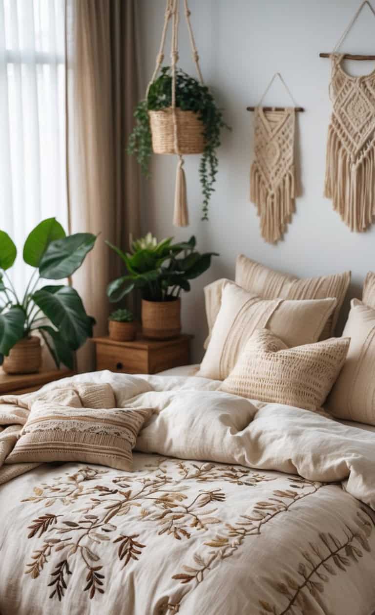A cozy bedroom featuring a bed with beige embroidered bedding and multiple decorative pillows. Green plants are positioned around the room, including a hanging plant. The walls are adorned with macrame wall hangings, and sunlight streams through a large window, enhancing the warm, earthy tones.