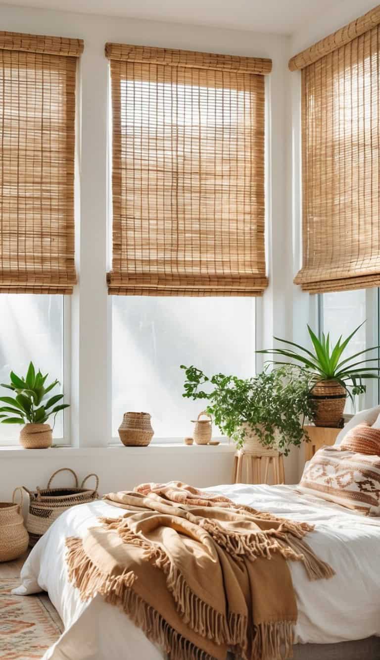 A cozy bedroom featuring large windows with bamboo shades, adorned with vibrant green potted plants. A neatly made bed with a beige blanket and decorative pillows is in the foreground, accompanied by woven baskets for storage and a soft rug beneath.