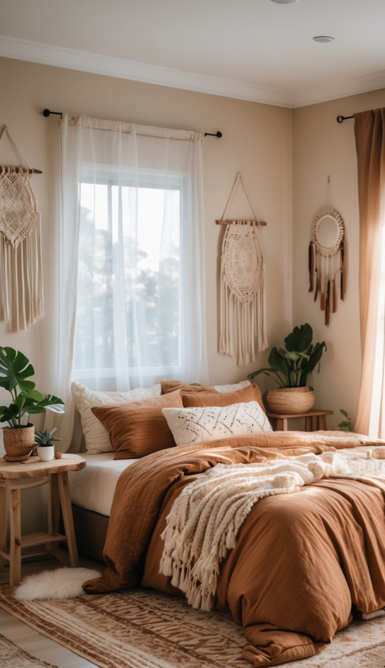 A cozy, warm-toned bedroom featuring a large bed with brown and cream bedding, decorated with textured pillows. Wall hangings, including macramé art and a mirror, adorn the light-colored walls, while a window draped with sheer curtains allows natural light to fill the room. A small wooden side table holds a plant and a decorative pot.