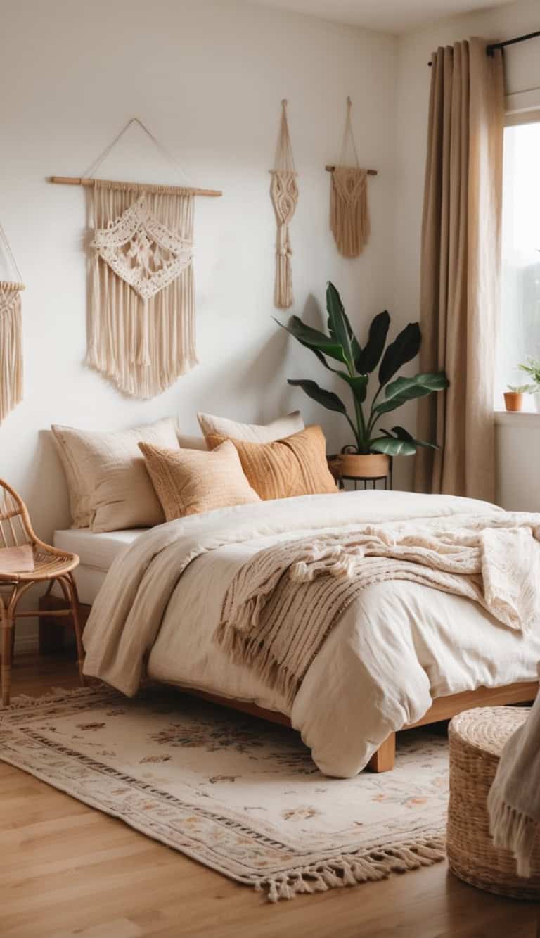 A warm, neutral-toned bedroom featuring a wall adorned with macrame art, a bed with layered beige and rust-colored pillows, and a woven blanket. There's a potted plant in the corner and a small round woven table beside the bed, complemented by a patterned rug on the wooden floor.