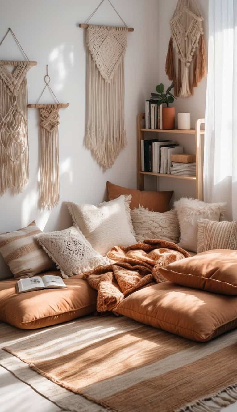 A cozy interior scene featuring a pile of various textured cushions and a warm blanket on the floor, complemented by macrame wall hangings above. A small bookshelf with books and plants is in the background, with sunlight casting soft shadows through a nearby window.