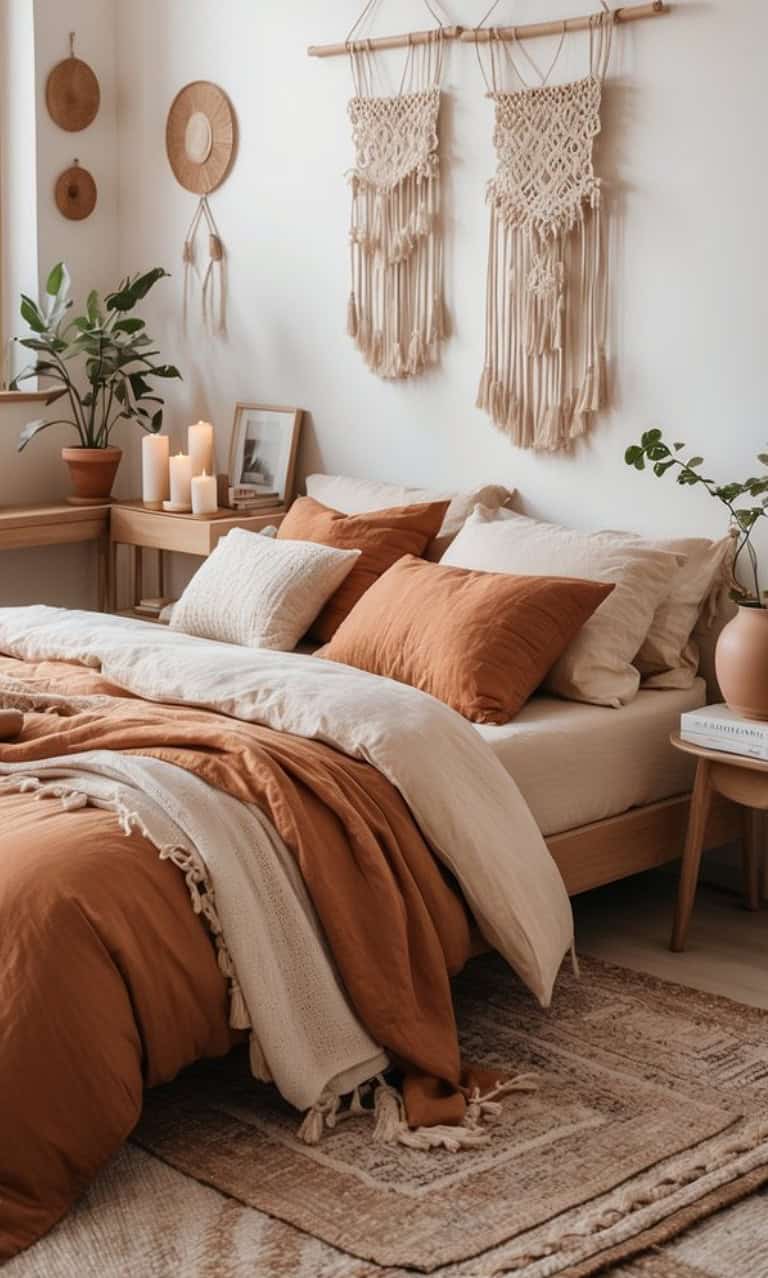 A cozy bedroom featuring a bed with rust-colored and beige bedding, surrounded by decorative pillows. The wall is adorned with two macramé wall hangings, and there are plants on the bedside table along with lit candles and a book. A patterned rug covers the floor.
